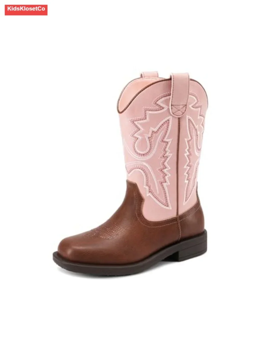 Kids Mid Calf Western Square Toe Riding Boots Faux Leather Slip On